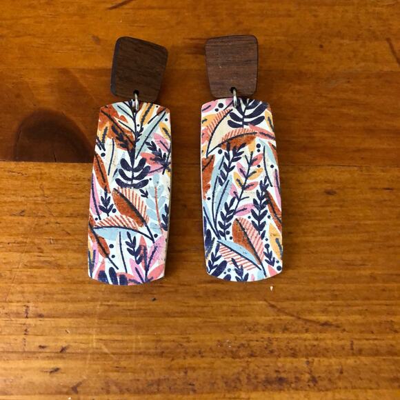 Hello Happiness Designs Fall Floral Wood Stud with Cork Leather Dangle Earrings - Picture 1 of 5